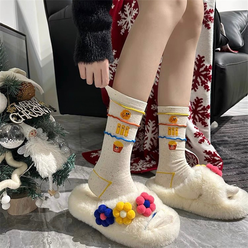 韩国东大门汉堡薯条中筒袜子女搞怪可爱条纹卡通涂鸦袜纯棉堆堆袜详情9