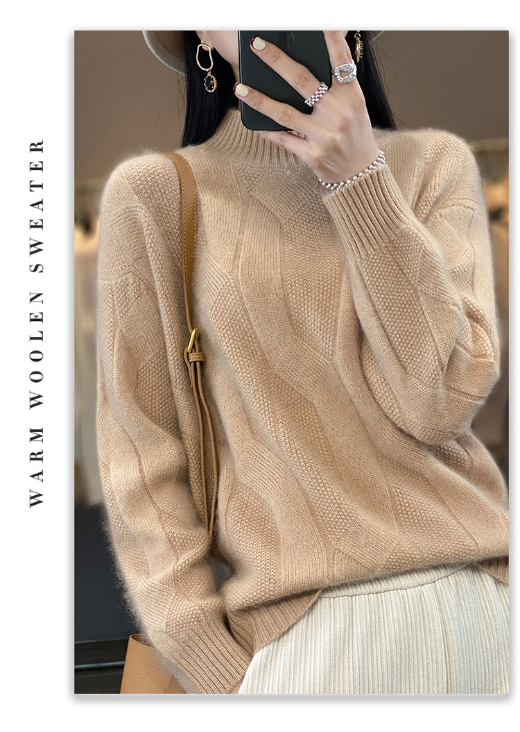 2024 New style 100 wool sweater for women, semi-high neck, thickened with twist, solid color, simple sweater, loose and slimming knitted sweater pic 22