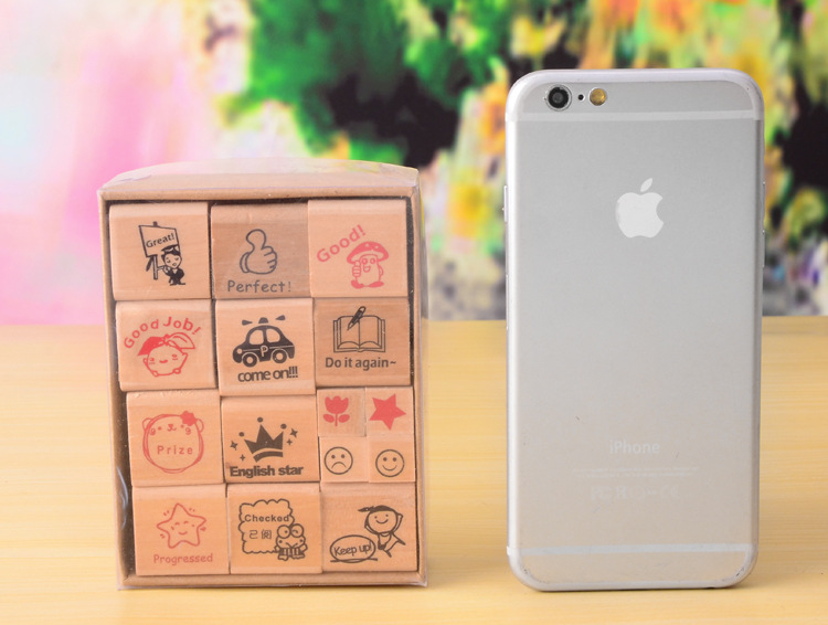 Wholesale of 15 wooden box children's gift stamps in English version of the new cartoon teacher's comment encouragement stamps pic 3