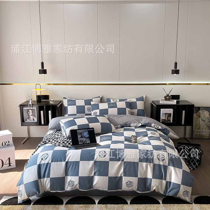 Wholesale of simple student dormitory bed sheets and duvet covers, three-piece set, all-cotton checkerboard pattern bedding, four-piece set, pure cotton fresh and clean pic 4