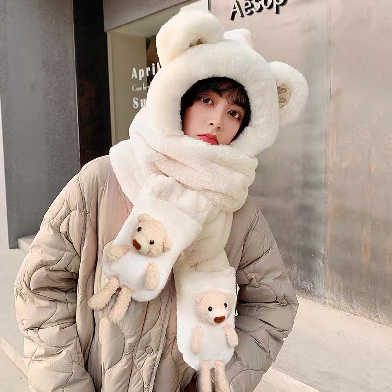 A three-piece warm set featuring a solid color, versatile, cute little bear M ears, hooded gloves and a scarf for women in autumn and winter pic 2