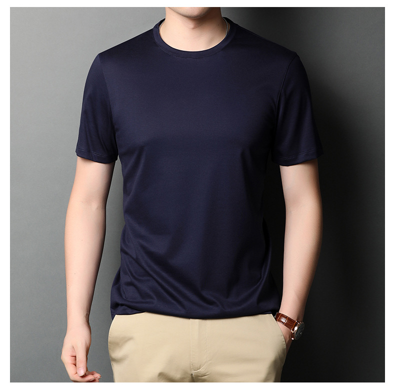 A new short-sleeved T-shirt for men made of mulberry silk in summer, with a round neck and solid color. It is a simple and thin Korean-style trendy base layer made of silk pic 36