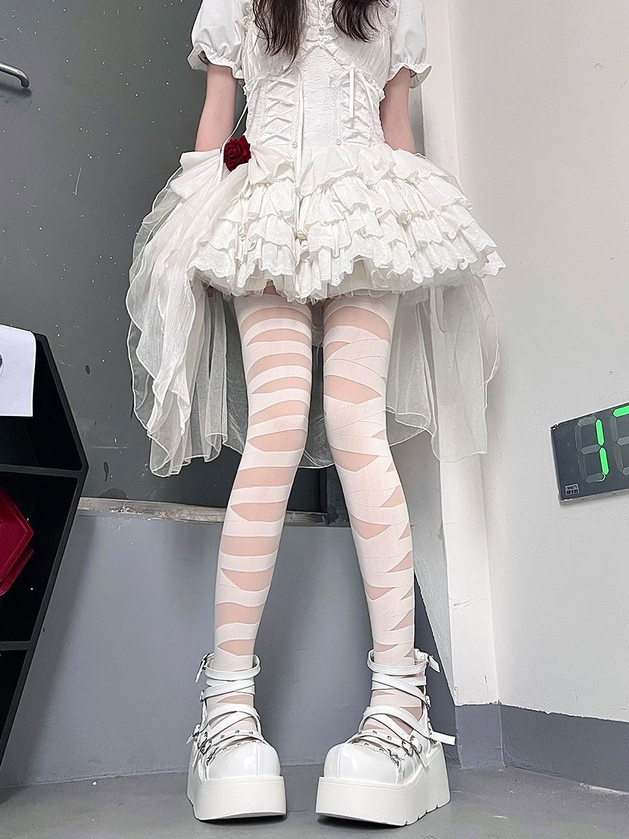 lolita交叉绑带白丝袜女夏季薄款纯欲黑丝性感朋克辣妹条纹连裤袜详情9
