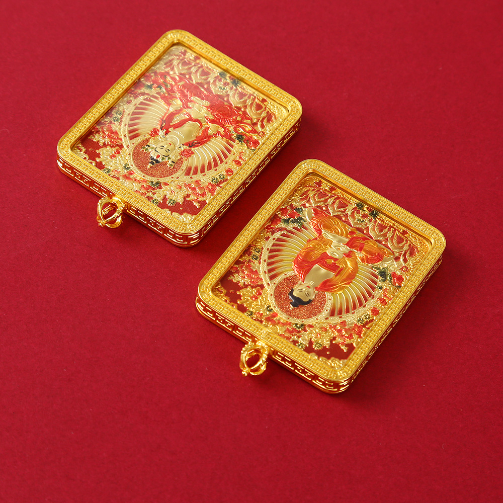 单面藏式浮雕合金唐卡文殊普贤本命佛随身佛牌黄财神吊坠详情4