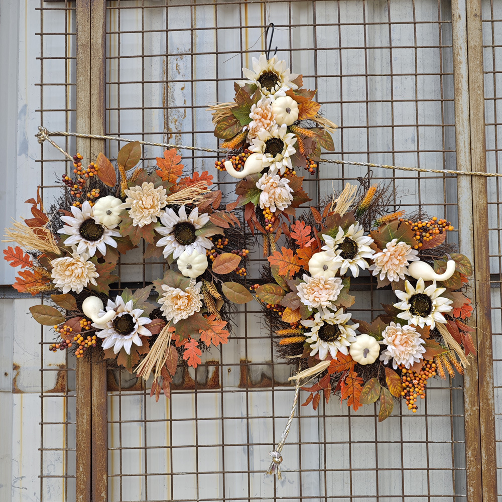 Cross-border autumn Thanksgiving white pumpkin wreath, Harvest Festival Sunflower Maple Leaf wreath decoration, door hanging ornaments pic 2