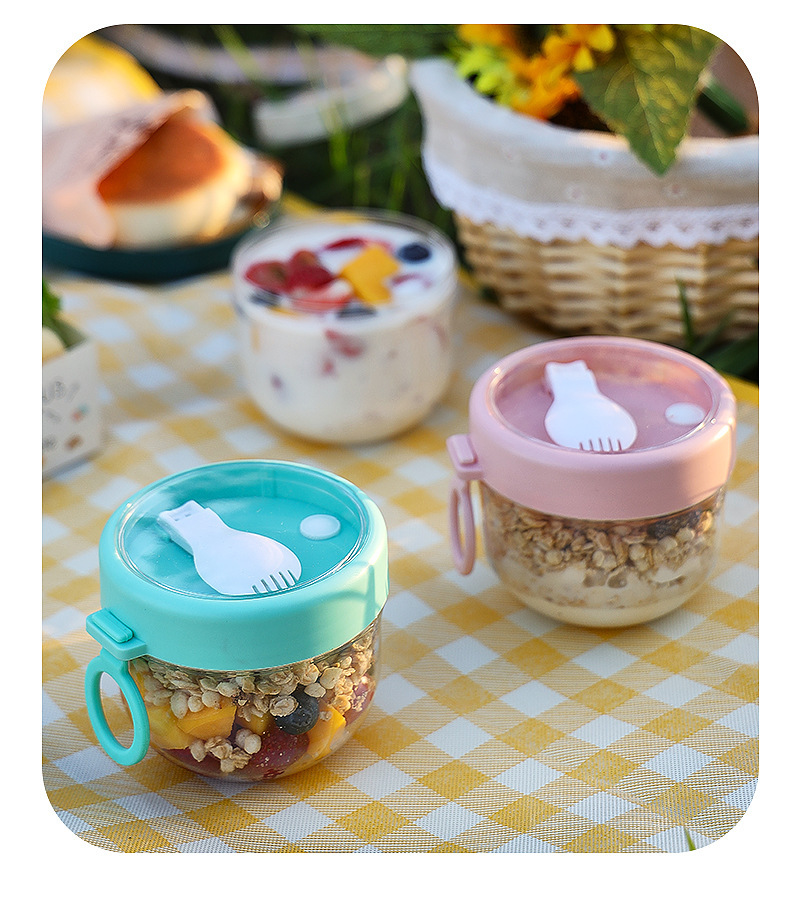 ins风全透明水杯早餐燕麦杯 便携带盖密封手提大容量带餐具随手杯详情15