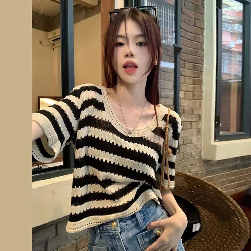 大码女装镂空韩系条纹针织短袖t恤复古圆领上衣时尚百搭2022夏季详情7