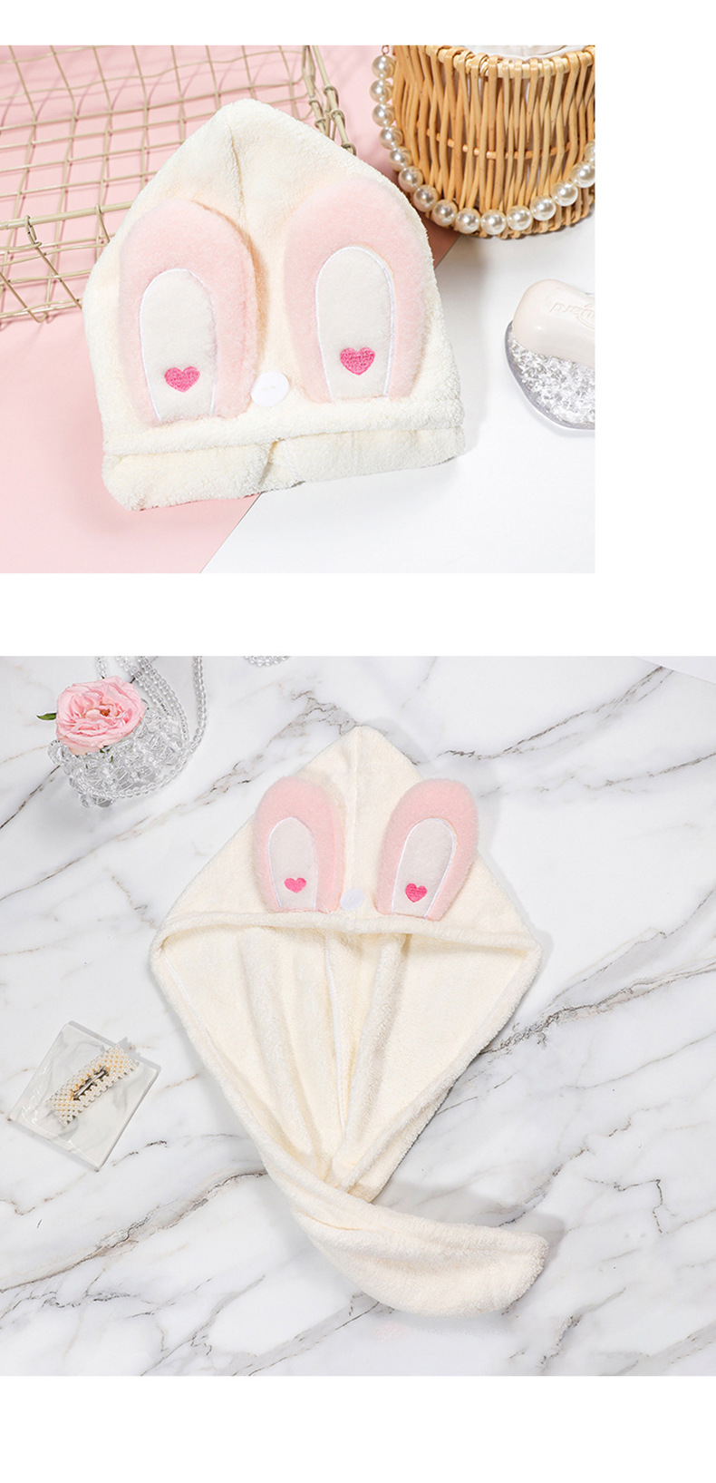The pink and white rabbit-ear water-absorbing quick-drying shower cap, dry hair cap, warm and cold-preventing shower cap, which is beloved by countless girls pic 4