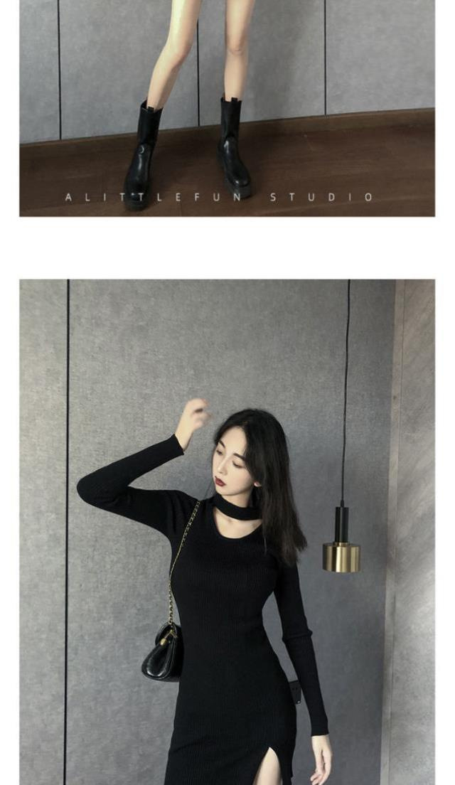 法式纯欲风性感开叉黑色针织连衣裙女秋冬设计感小众辣妹穿搭裙子详情7