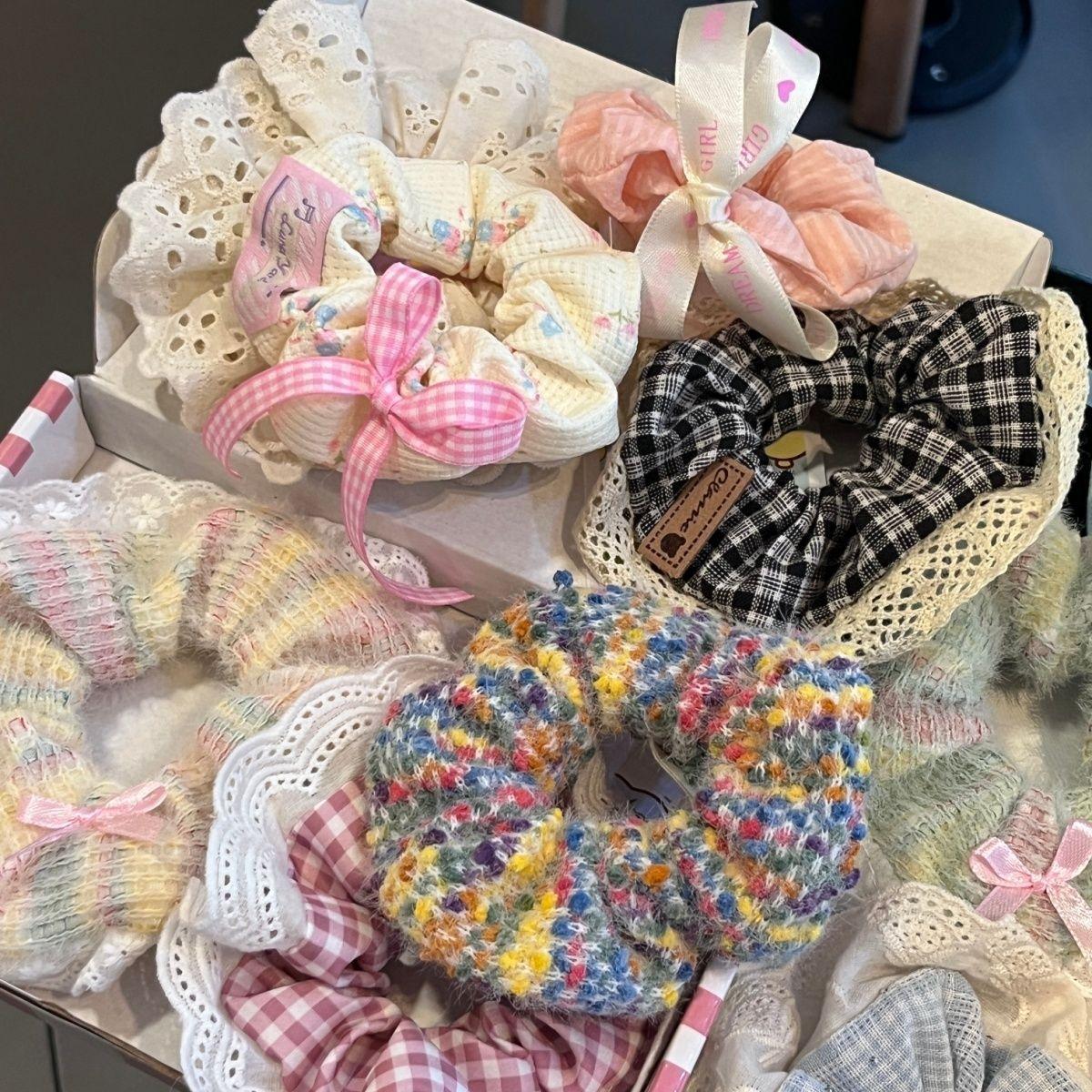 芭蕾风奶蓝格子重工烫钻蕾丝花边韩版大肠发圈可爱奶油甜妹发绳女详情5