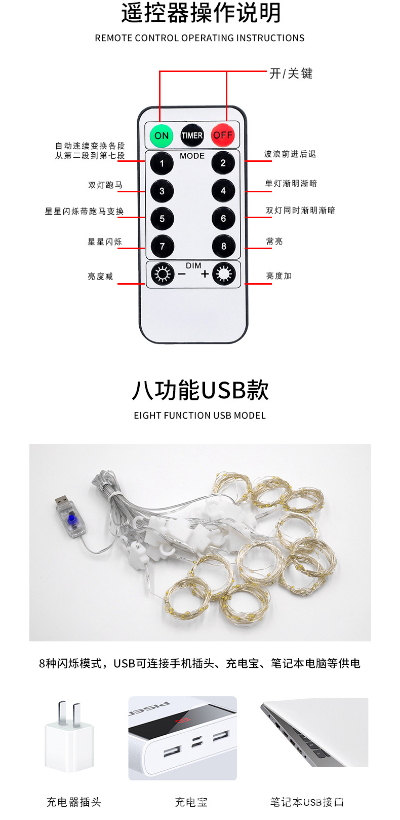 Cross-border room decoration copper wire curtain light, holiday Christmas color light, usb remote control light string, eight-function led curtain light pic 10