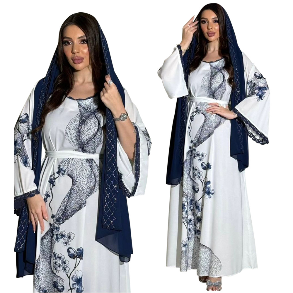 XQY500263 Cross-border Middle East Muslim Robe Dubai Arab printed Robe Dress with belt pic 8