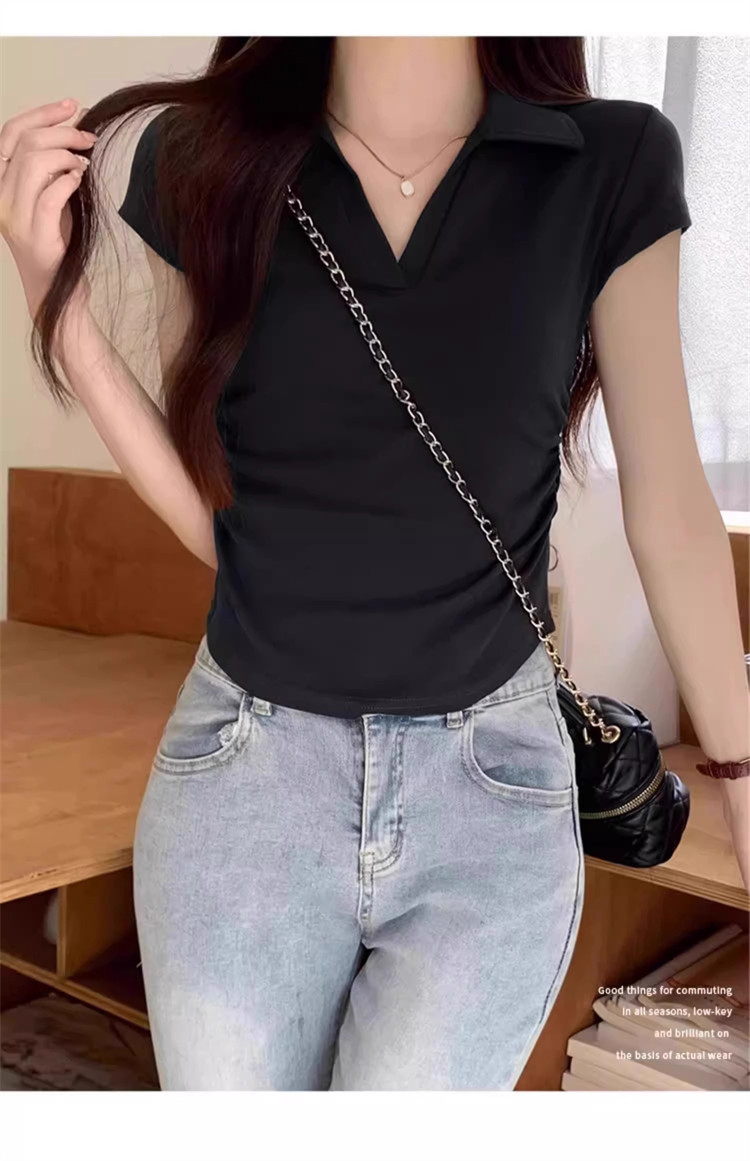 polo collar slimming and form-fitting shoulder T-shirt for women, short sleeve, pure and hot girl, short design with a cinched waist, top for summer pic 37
