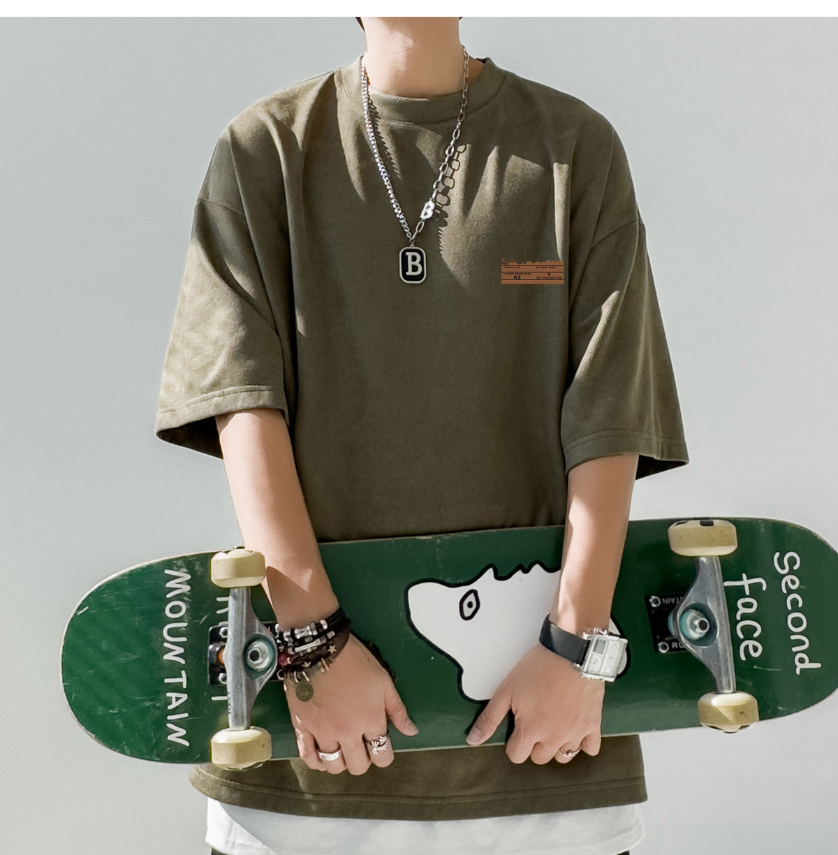 简恒咖色重磅美式复古男士短袖t恤夏季男款百搭仿麂皮绒定制T恤潮详情19