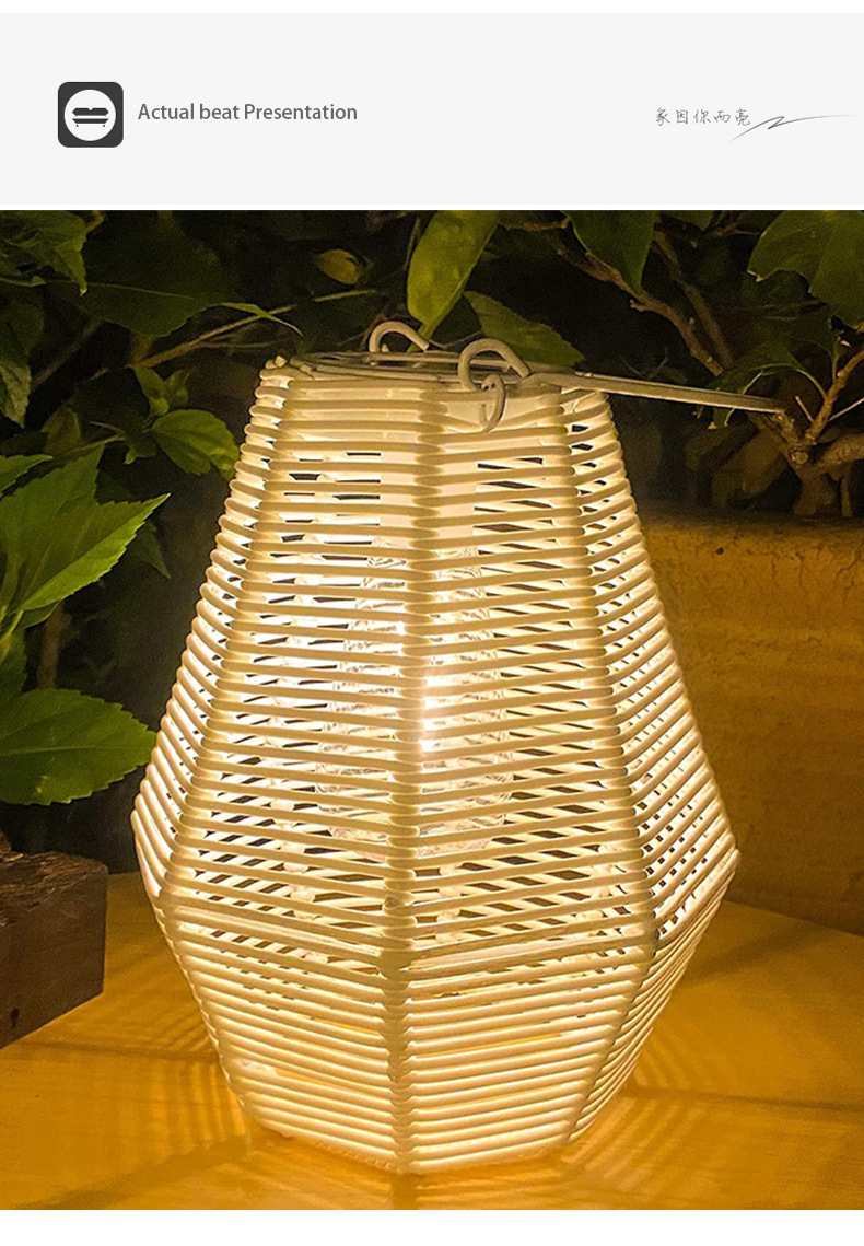 Outdoor solar lamp atmosphere decoration white lantern with handle imitation rattan weaving waterproof creative solar charging lamp pic 4