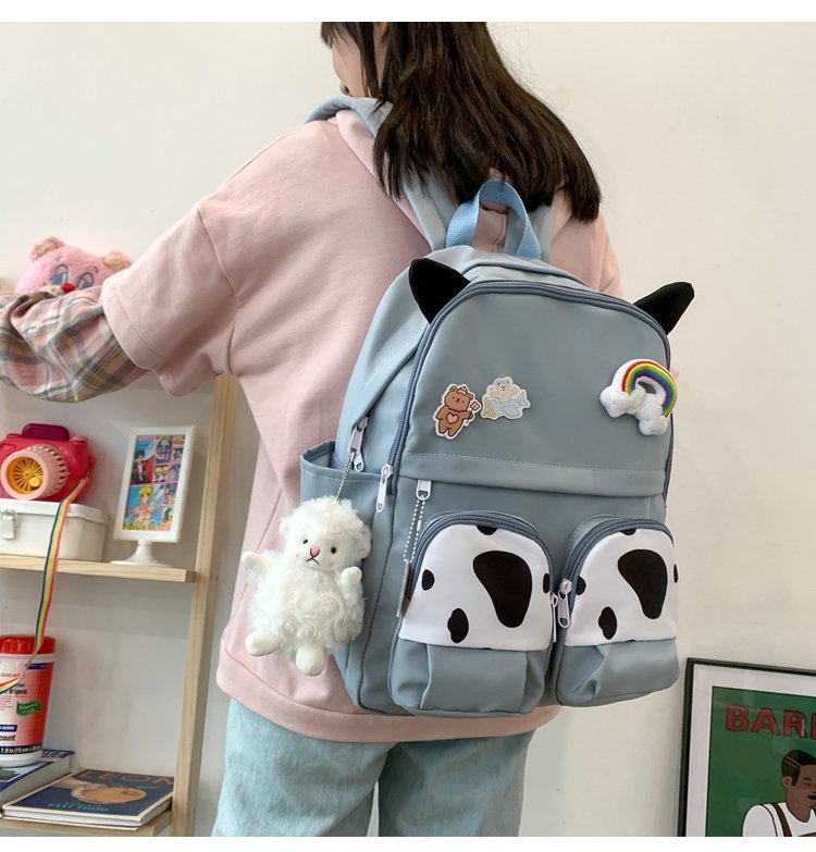 Japanese-style ins campus school style, fresh and cute, cute cow with earbuds, soft girl schoolbag, funny student backpack pic 20
