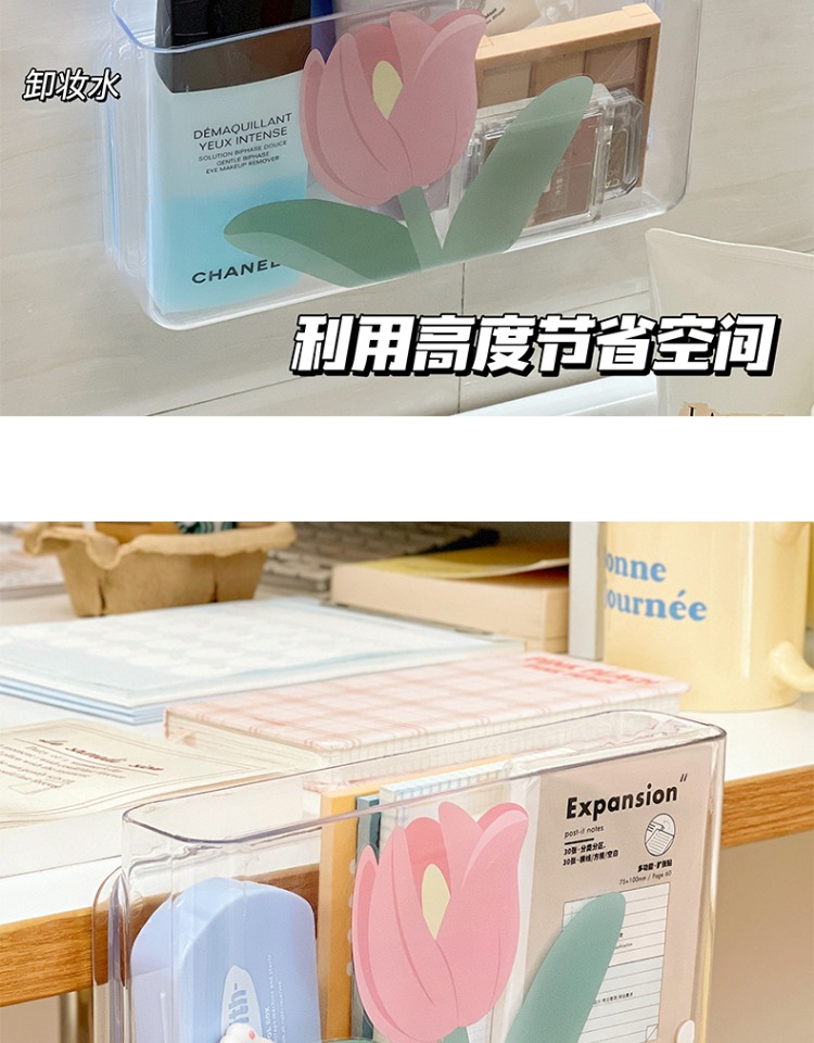 A transparent desktop storage box for girls, no need for drilling, wall-mounted dormitory trash can, student cosmetics and stationery storage basket pic 8
