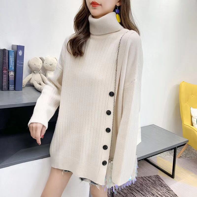 A new Korean style high-neck sweater for women in the autumn and winter of 2023, a loose and laid-back mid-length irregular knitted top pic 11