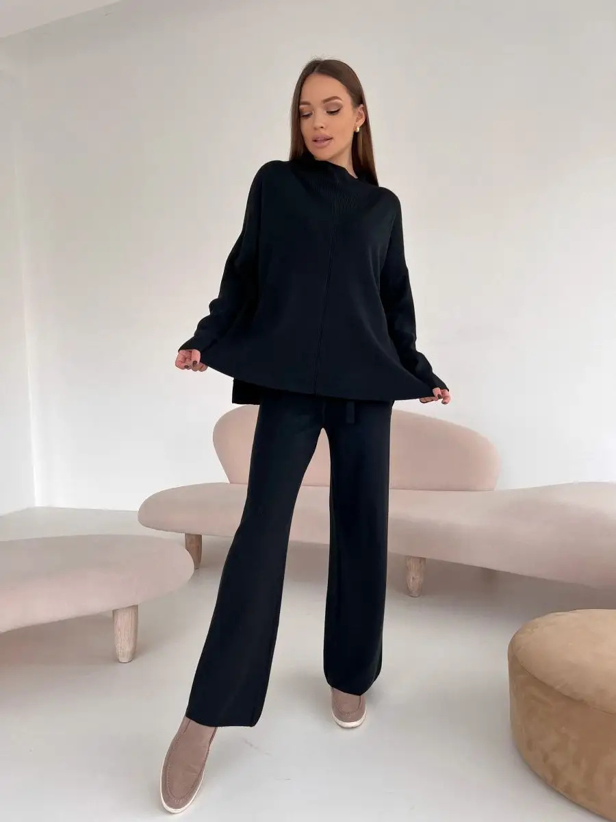 秋冬俄罗斯长袖宽松休闲长裤毛衣套装女跨境欧美热卖开叉套装详情12