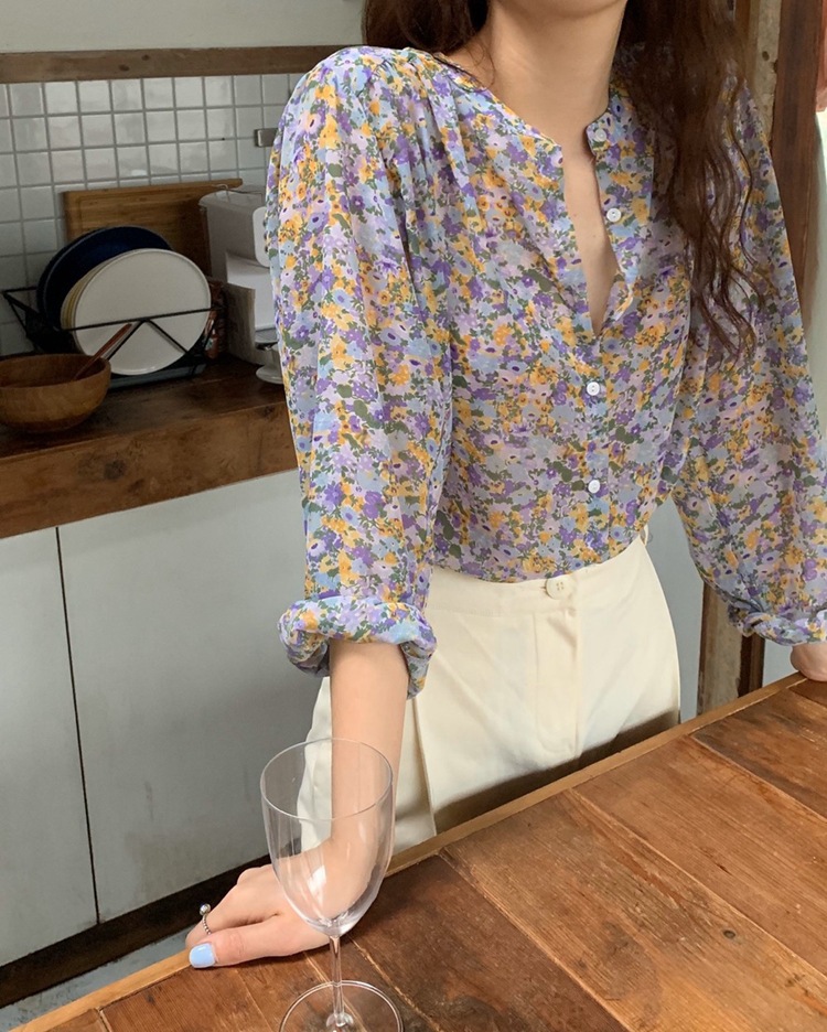 女装 ins长袖碎花雪纺衬衫女2021新款春季韩版宽松休闲单排扣上衣详情6