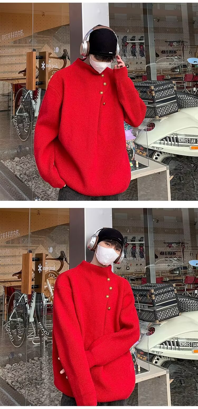 A high-neck sweater with an irregular button design, a stylish and laid-back oversized knitted top from a Korean streetwear brand pic 16