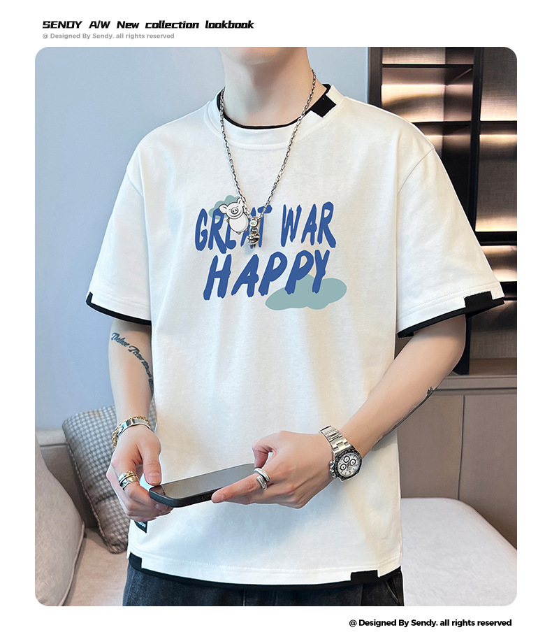 棉质新款夏季短袖T恤男款潮流宽松潮牌港风学生上衣圆领休闲透气详情13