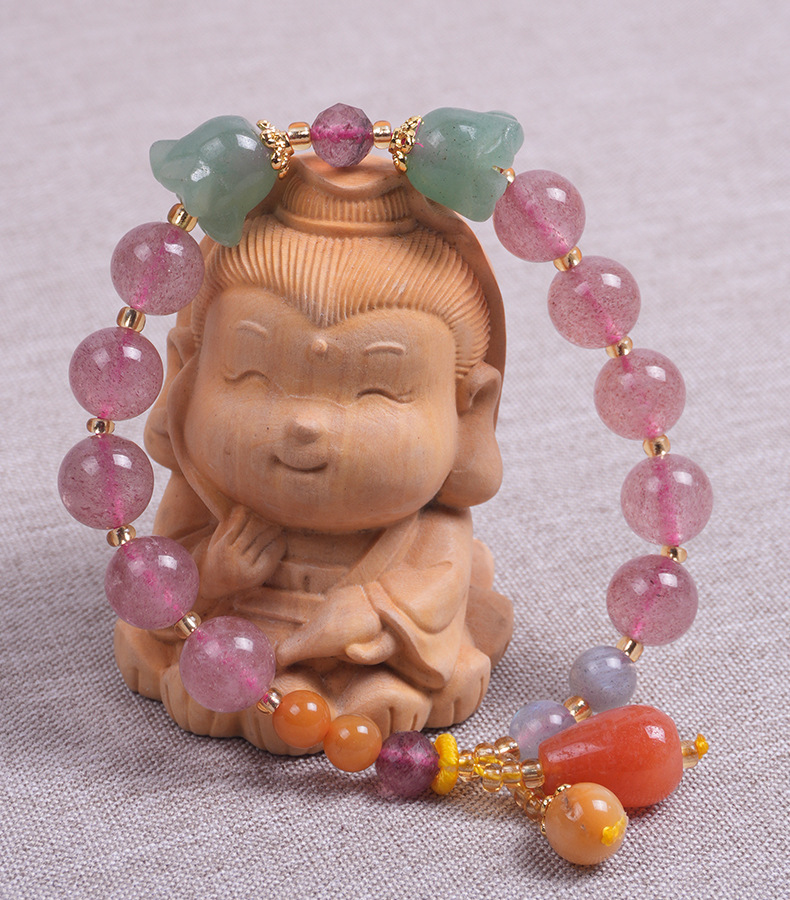 Original natural strawberry crystal bracelet with green jade blue bell flower single-loop bracelet, collectible moonstone, versatile agate pendant pic 4