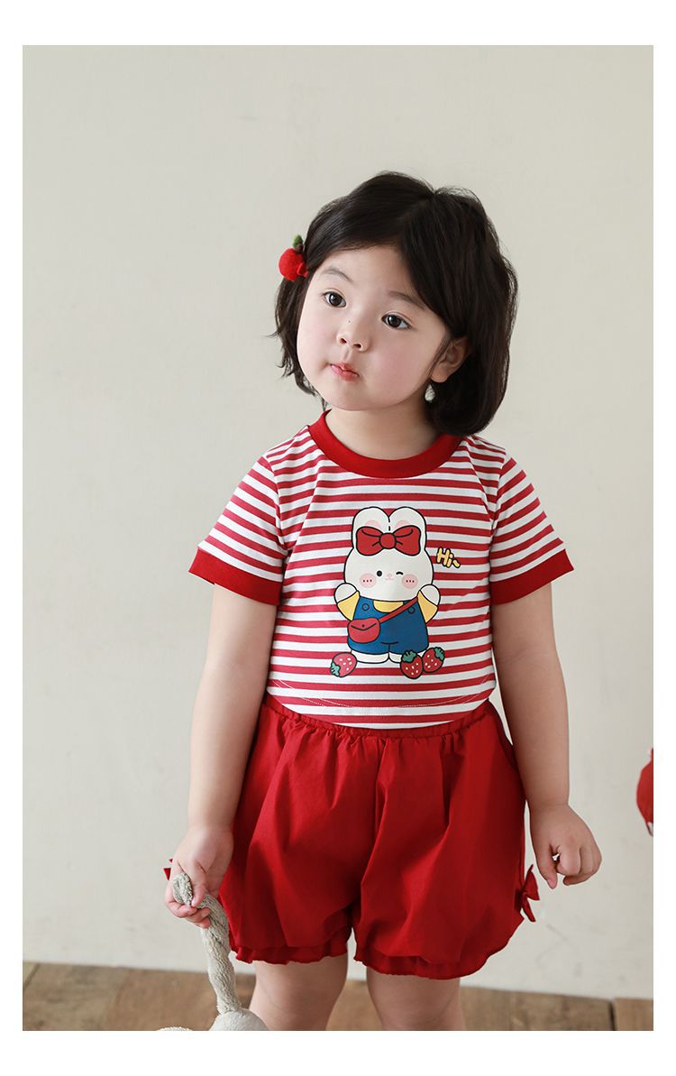 吾里卜一 女童小兔印花半袖T恤2024夏季儿童甜美可爱撞色短袖体恤详情35