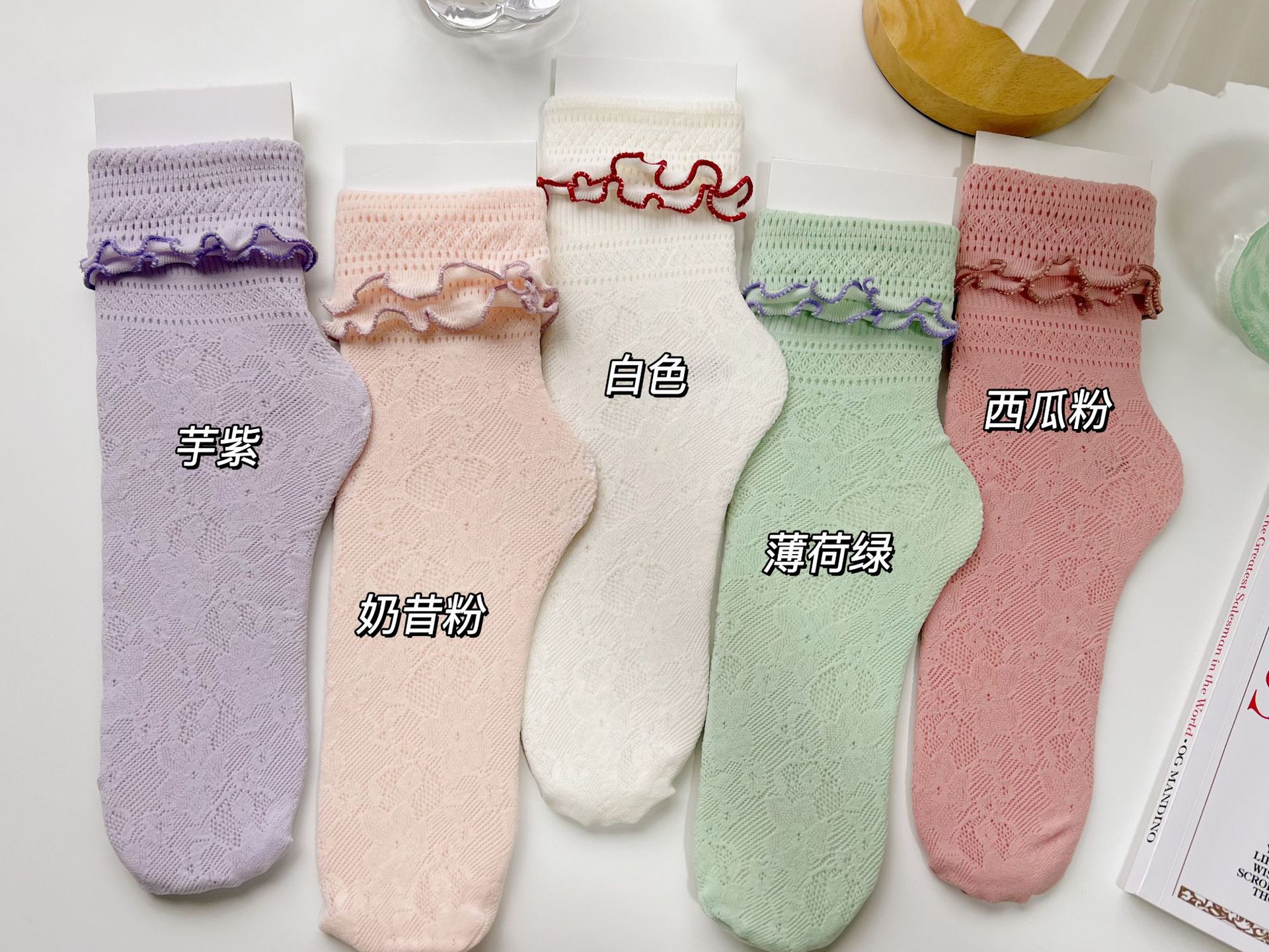 Spring and Summer new collection: cream puffs, Japanese style, cute and girlish, lace cutout short socks, mesh pile socks, two pairs of jk socks pic 1