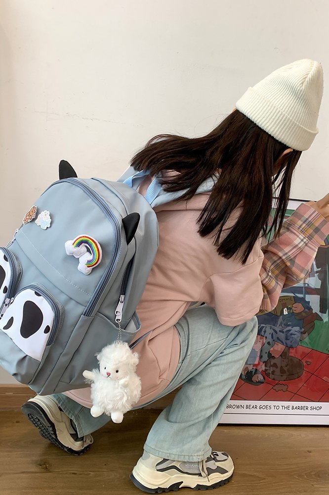 Japanese-style ins campus school style, fresh and cute, cute cow with earbuds, soft girl schoolbag, funny student backpack pic 71