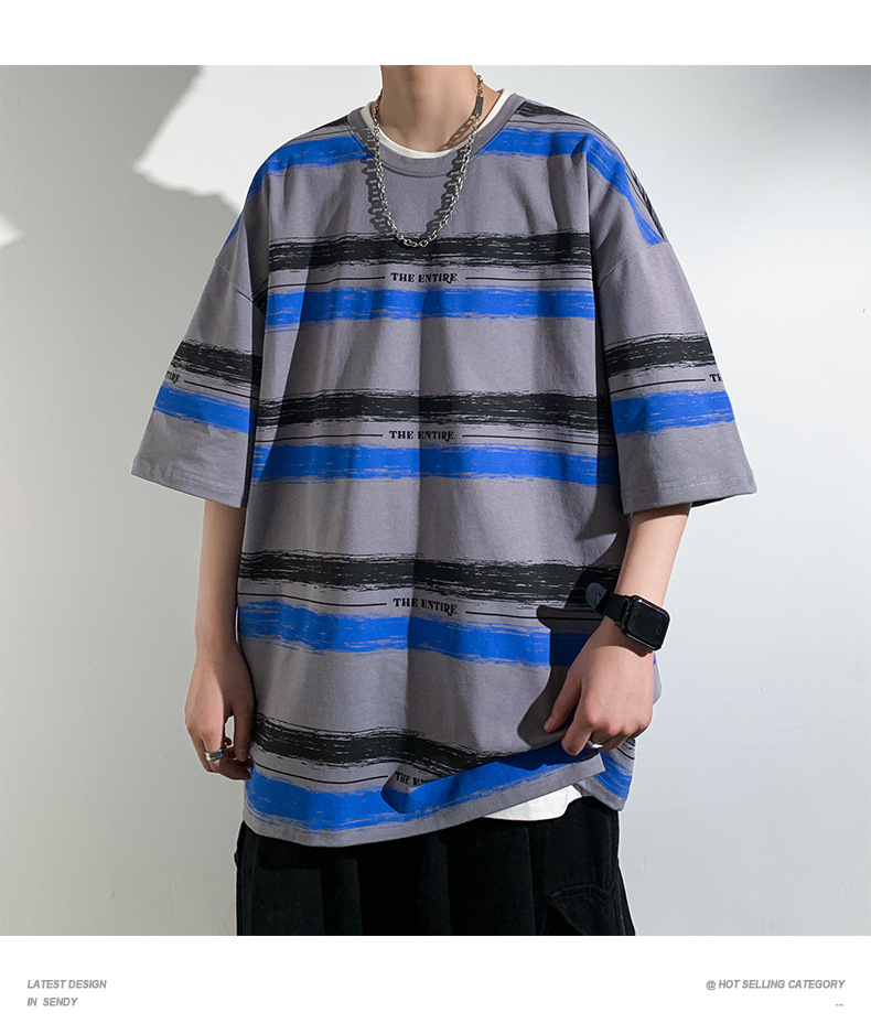 全棉条纹短袖T恤男2024港风青少年百搭宽松五分袖纯棉体恤衣服潮详情9