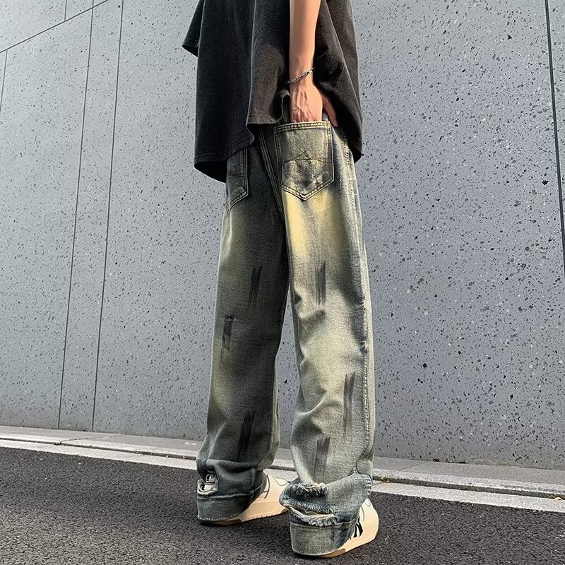 2024复古休闲做旧牛仔裤学生时尚百搭款垂感宽松阔腿拖地牛仔裤男详情6