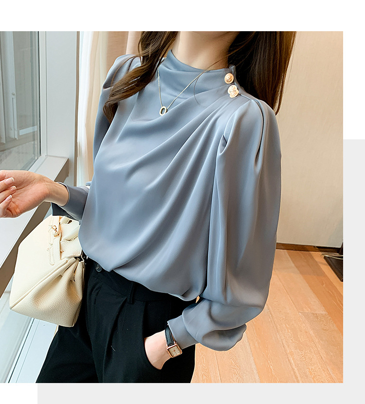 外贸供货2023轻熟气质立领褶皱灯笼袖时尚长袖上衣宽松女士衬衫详情35