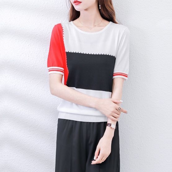 t恤高档夏季女装新款宽松韩版上衣女士针织衫短袖打底衫碎花条纹详情4