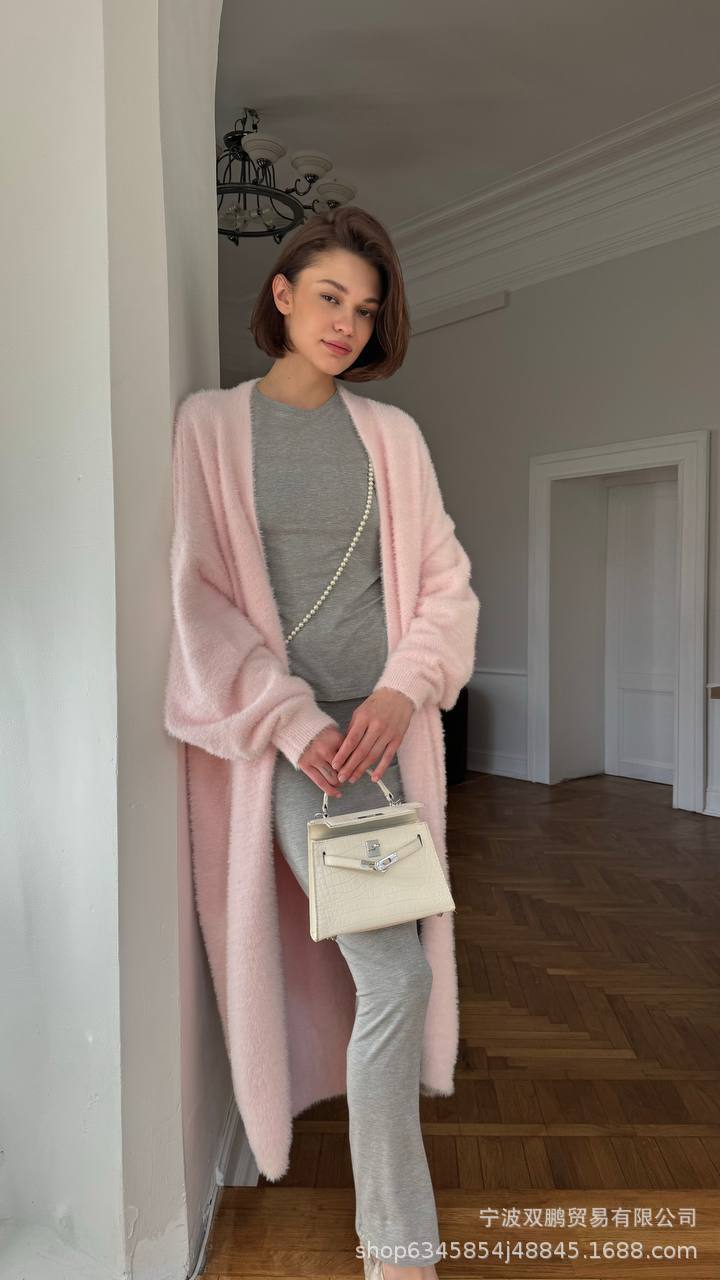 2025秋冬新长款仿貂开衫女跨境欧美风热卖慵懒风针织毛衣带腰带详情5