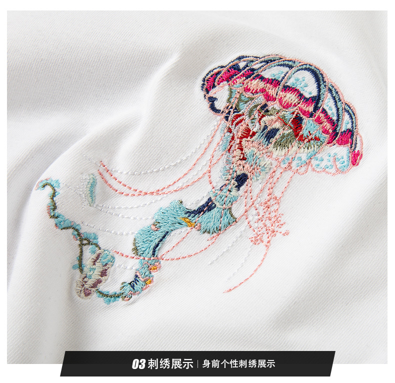 国潮短袖t恤水母刺绣重磅中国风圆领纯棉潮牌宽松半袖五分袖上衣T详情12