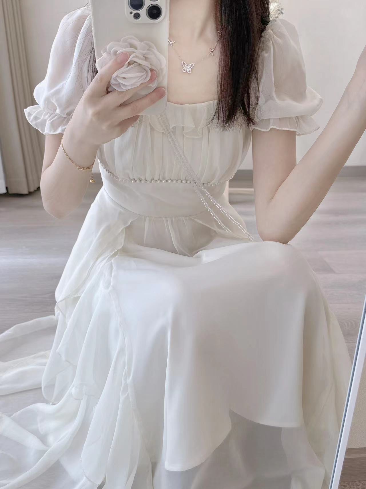 法式桔梗粉色方领连衣裙女夏季温柔风气质仙女长裙质感高级感裙子详情5