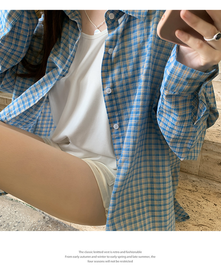 Blue checkered loose long-sleeved shirt for women, summer loose and laid-back style, polo collar sun-protective early autumn shirt jacket pic 12