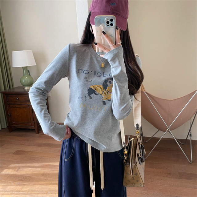 Playful and youthful embroidered printed puppy loose straight top straight-shoulder round-neck long-sleeved T-shirt for women 2025 early Spring G021418 pic 19