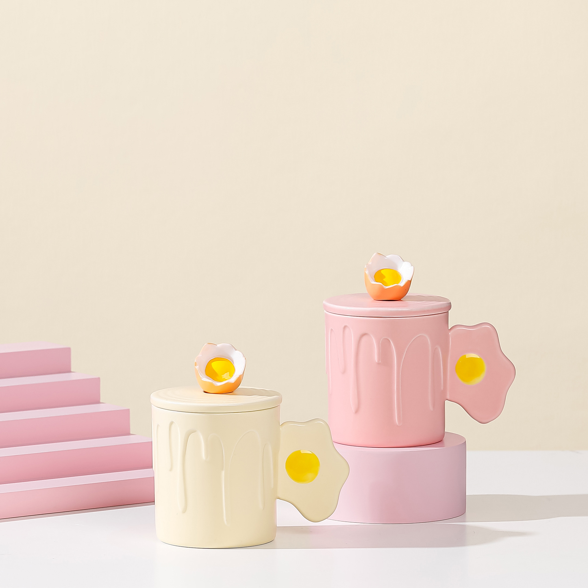 Home student ins cute cartoon macaron-colored ceramic Morandi egg mark drinking cup with lid and spoon pic 4