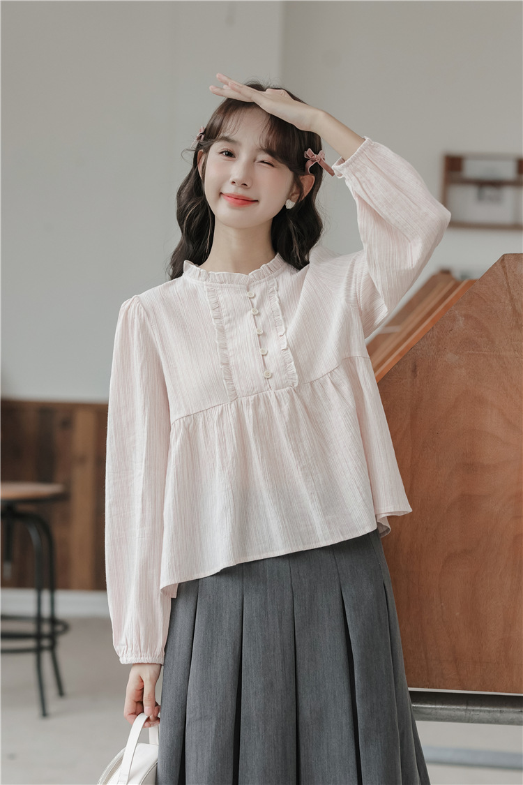2023 Autumn new style sweet and fresh lantern sleeve lace patchwork round neck pullover long-sleeved striped doll shirt for women pic 5