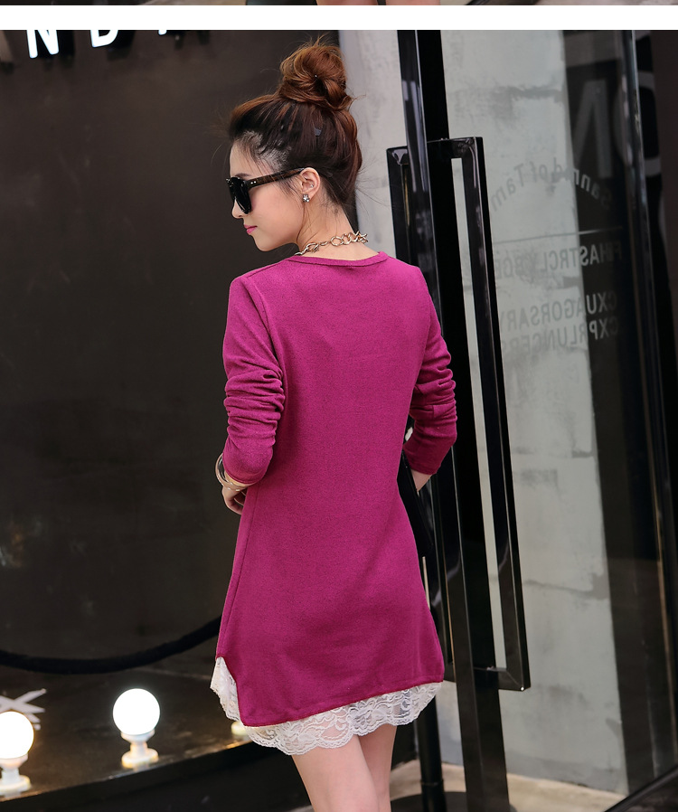 Autumn large-sized solid color T-shirt for pregnant women with lace trim, mid-length loose base layer pic 15