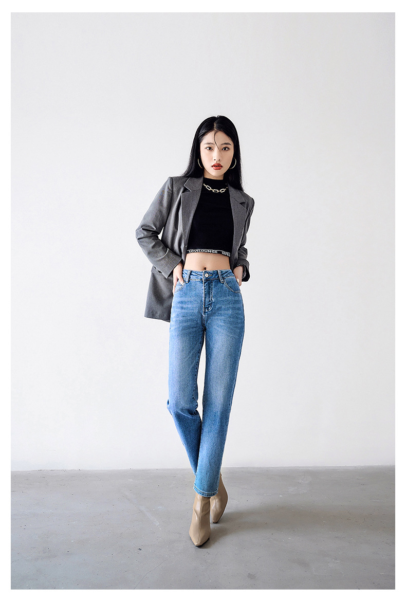 中超重工水洗高品质chic韩版修身显瘦牛仔裤女磨白百搭棉九分裤详情7