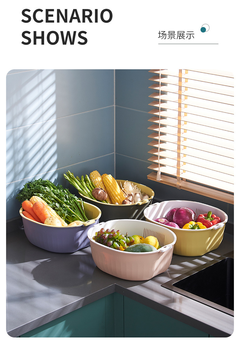 沥水淘米洗菜蔬菜沥水篮多功能双层加厚沥水篮 便携厨房塑料镂空详情13