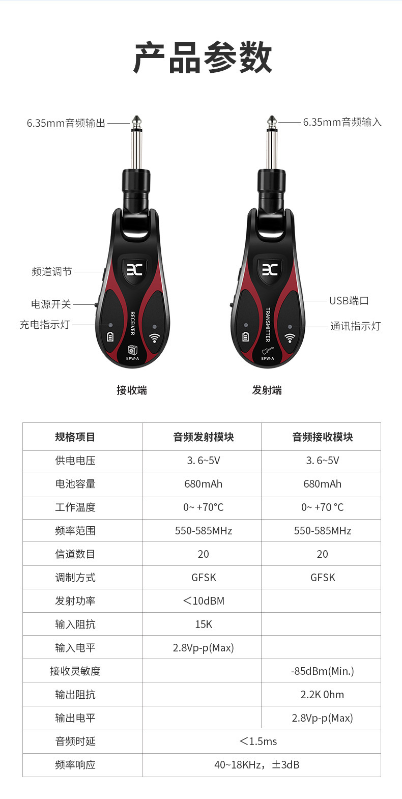 EPW-A伊诺电吉他无线接收器发射器电鼓电吹管音箱蓝牙连接收发器详情1