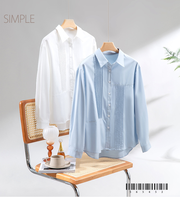 秋季女士纯色衬衫Polo领日系设计感上衣新款宽松复古百搭衬衣开衫详情11