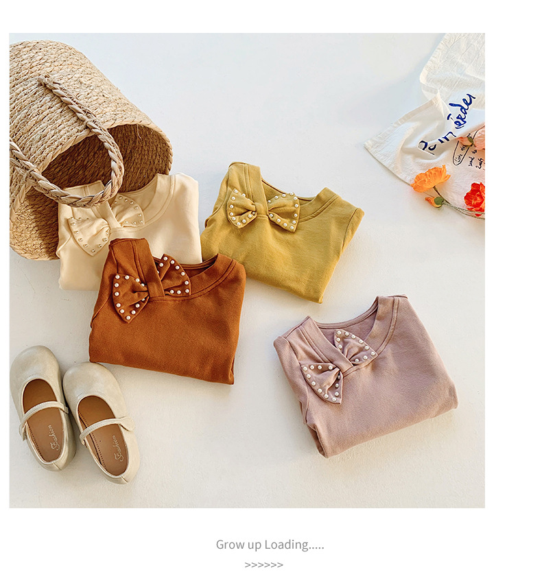 厂家直销2022秋季新品珍珠蝴蝶结长袖女童打底衫儿童全棉t恤韩版详情8