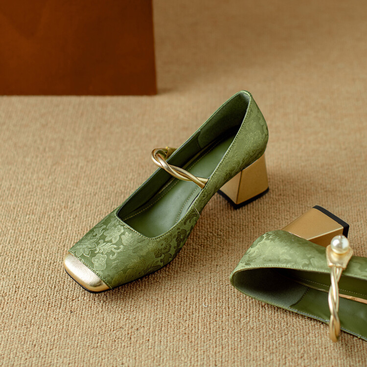 新中式国朝风单鞋2024春季新款百搭复古法式粗跟方头浅口女士单鞋详情73