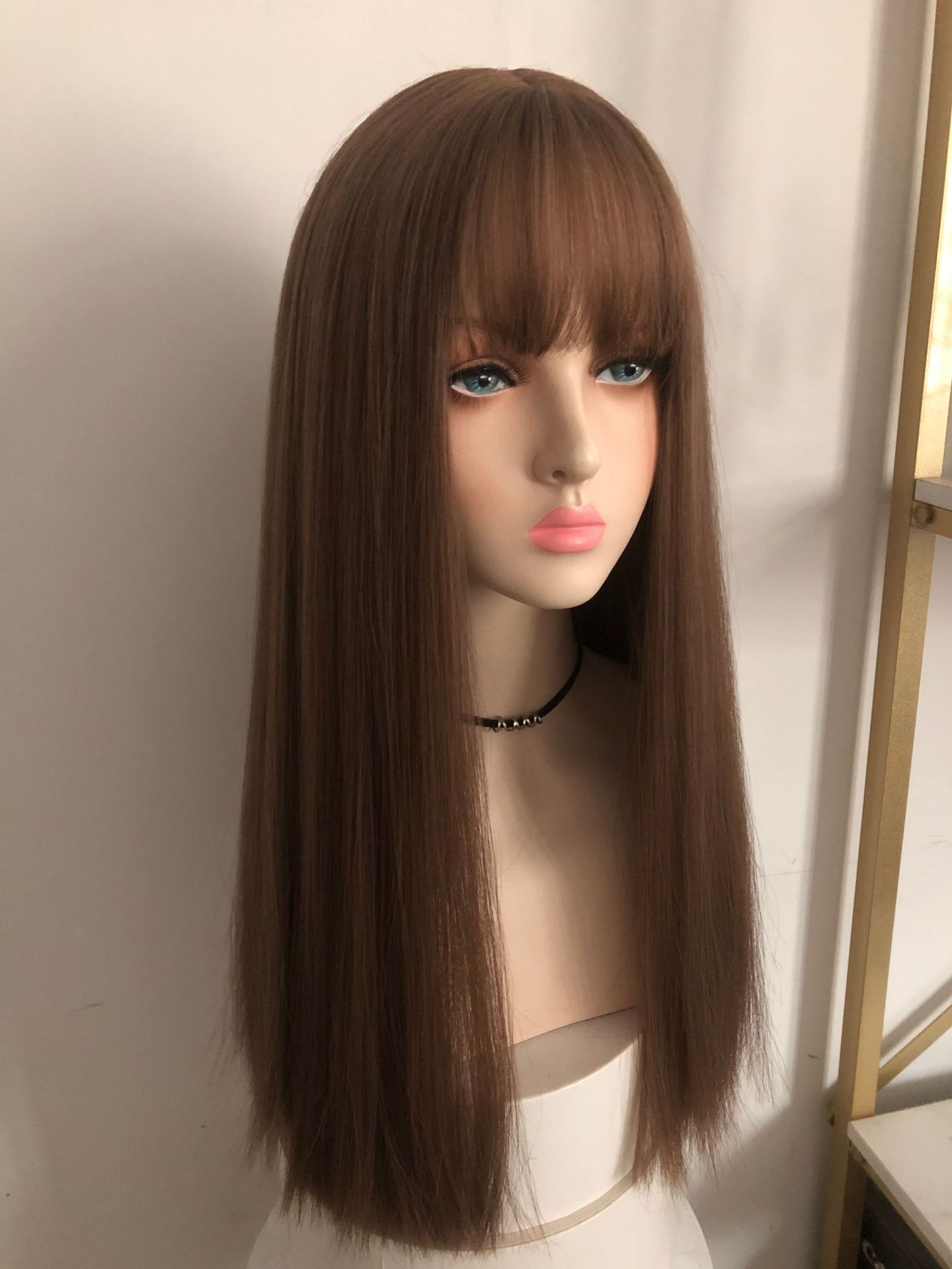 The bangs of the Internet celebrity, pure desire style, black long straight hair natural wig, female full head set, white and gold wig, long straight hair Barbie pic 1