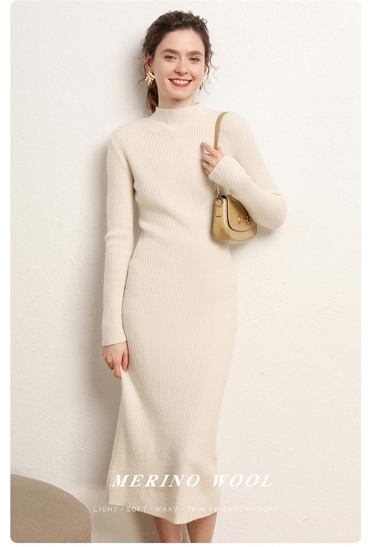 Early autumn semi-high-neck wool dress for women, mid-length sweater, knee-length cashmere knitted body-hugging skirt, long skirt as a base layer pic 9